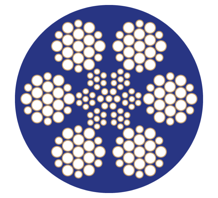 CTP - Vollstahlseil mit TPU-Ummantelung. Gesondert verseilt (IWRC) 6 Litzen, vermessingt